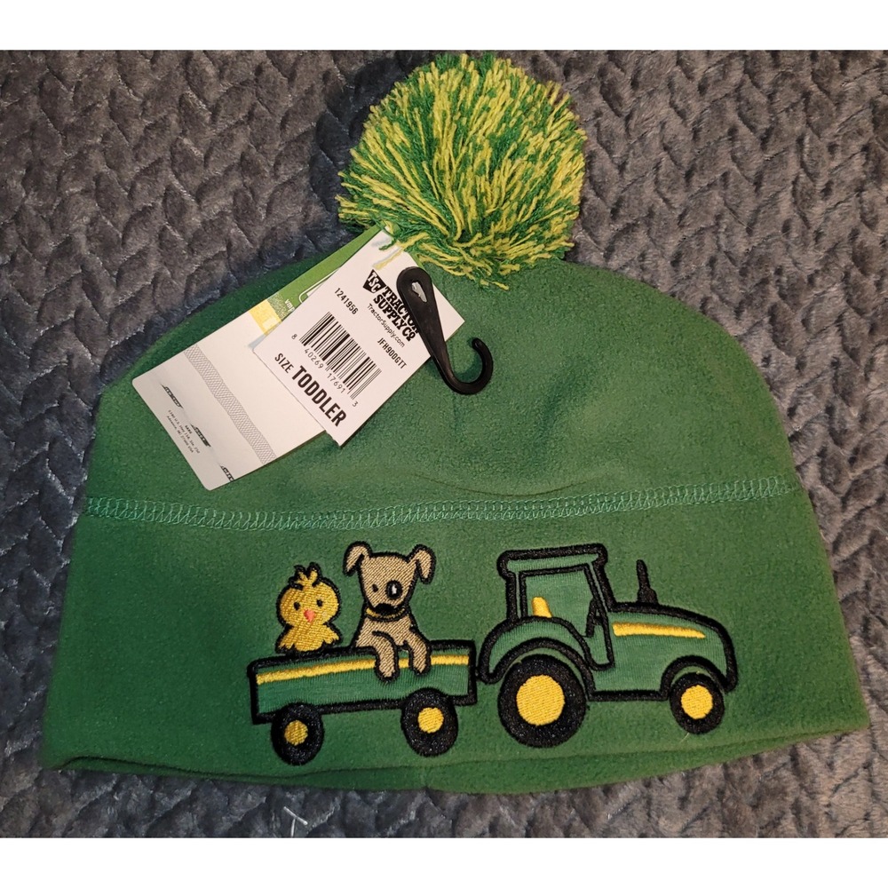 John Deere Toddler Green Fleece Beanie Hat Tractor Puppy Chick Pom One Size NEW